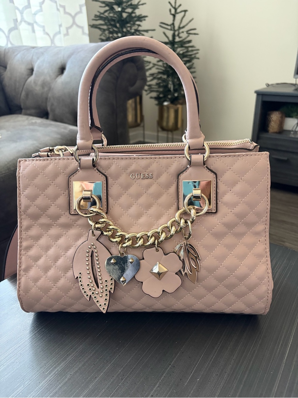 GUESS Quilted Top-Handle Satchel in Blush